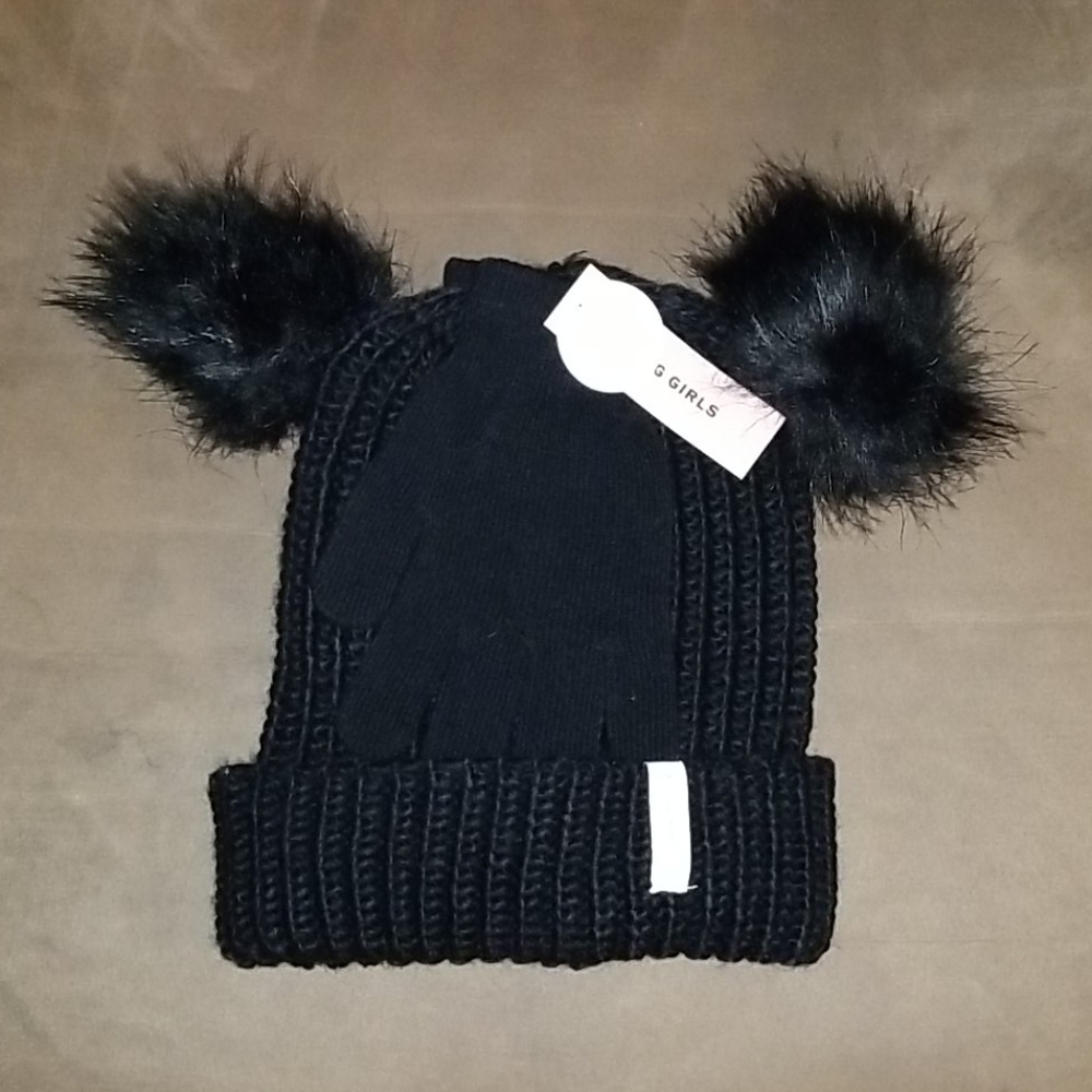 BCBG Girls Black Pom Pom Hat & Mitten Set